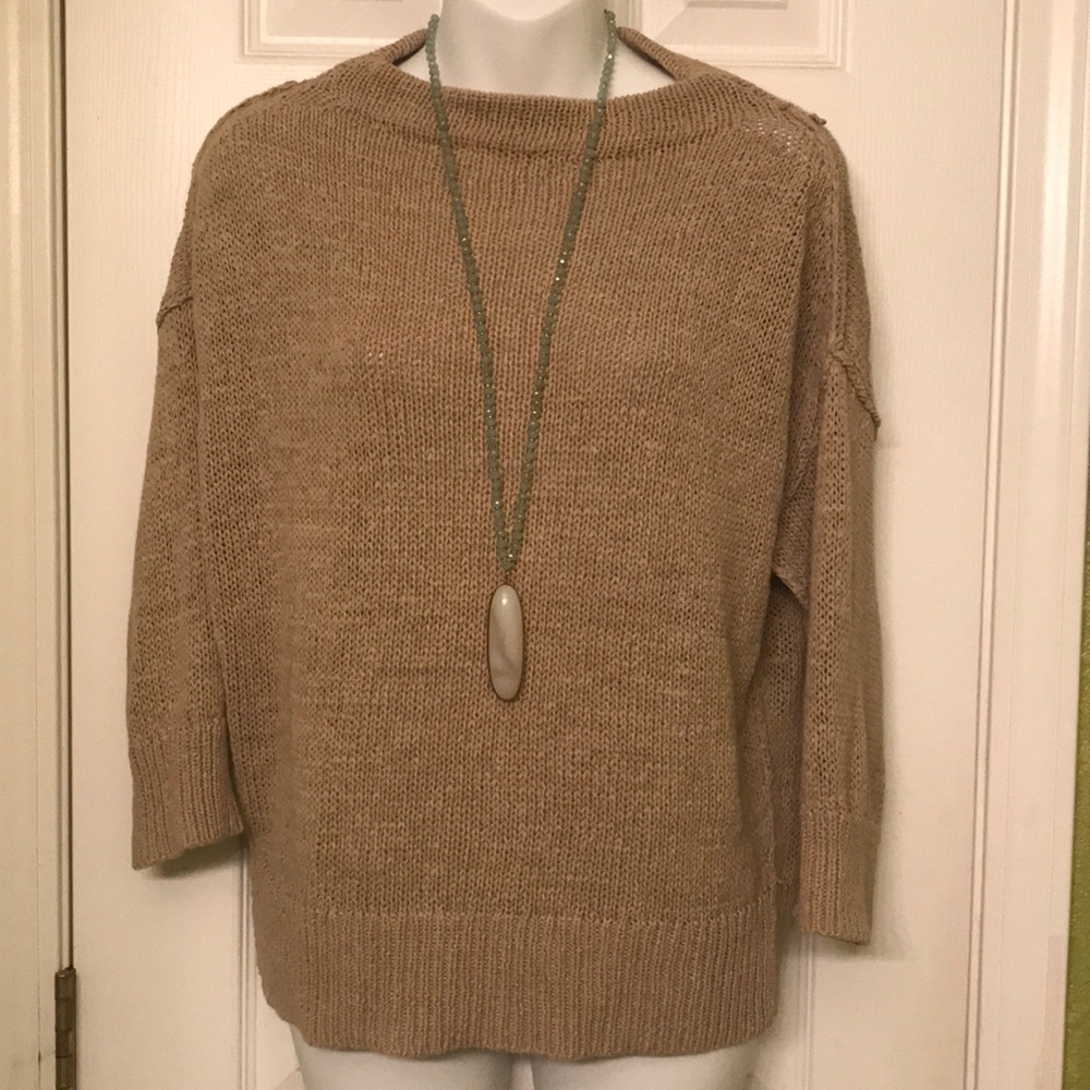 Ann Taylor cotton and nylon boatneck sweater with 3/4 length sleeves in tan.